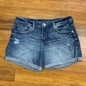 Silver‎ Jeans Boyfriend Denim Shorts Womens 30 Blue Distressed Cuffed Dark Wash